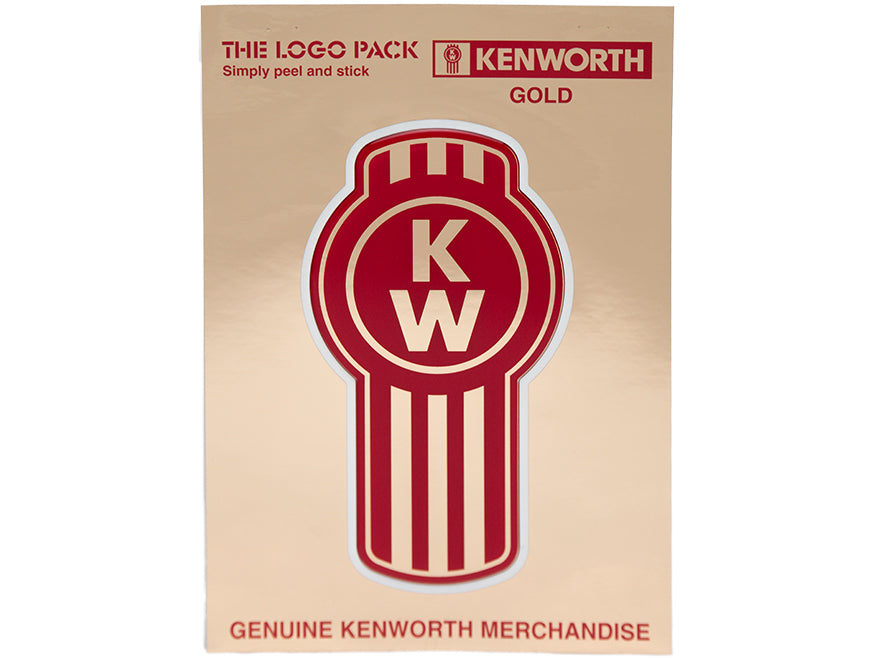 DECAL BUG GOLD: A sticker pack with the red and white Kenworth truck logo featuring KW, a gold truck sticker, and text—The Logo Pack, Kenworth Gold, Genuine Kenworth Merchandise—ideal for trucking decal fans.