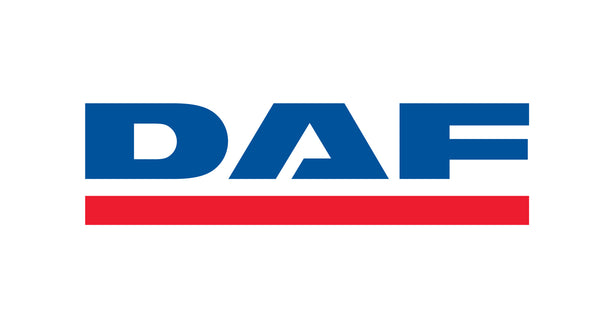 The DAF logo features bold blue letters spelling DAF above a thick horizontal red line, all set against a white background.