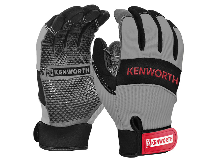 A pair of gray and black GLOVES MECHANICS KW - 2XL with branding on the wrist and back. One glove has a textured palm for better grip; the other shows the logo across the knuckles and wrist strap.