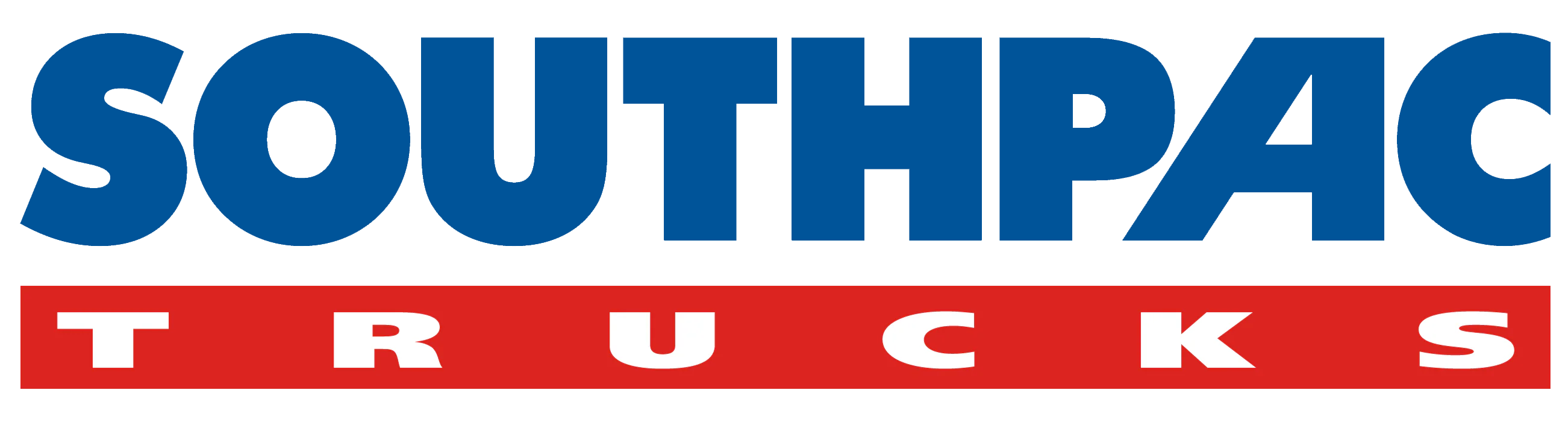Logo for Southpac Trucks; the word SOUTHPAC is in bold blue letters above a red rectangular box containing the word TRUCKS in white capital letters.