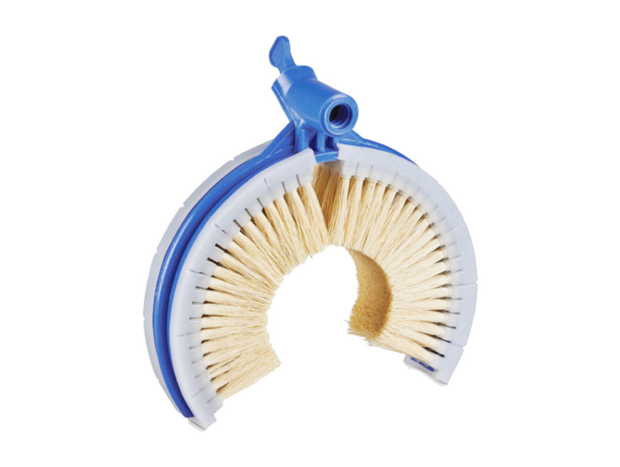 The BRUSH EXHAUST STACK is a blue and white circular brush with stiff bristles, designed to fit around pipes or cylinders for high-reach and exhaust stack cleaning with water flow-through capability.
