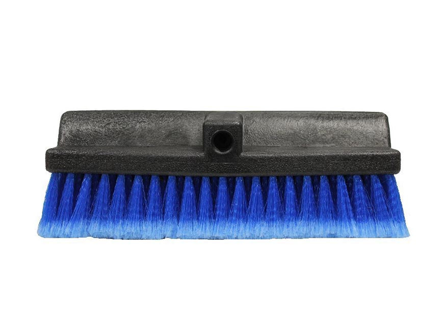 A close-up of the BRUSH 13 INCH, featuring a black broom head with blue bristles and a center hole for handle attachment, designed for heavy-duty workshop cleaning, shown against a white background.