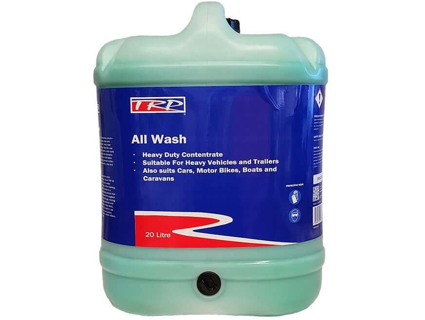 A 20-liter container of TRUCK ALL WASH, a heavy duty biodegradable concentrate with a blue and red label, suitable for vehicles, trailers, motorbikes, boats, and caravans. The container has a top handle.