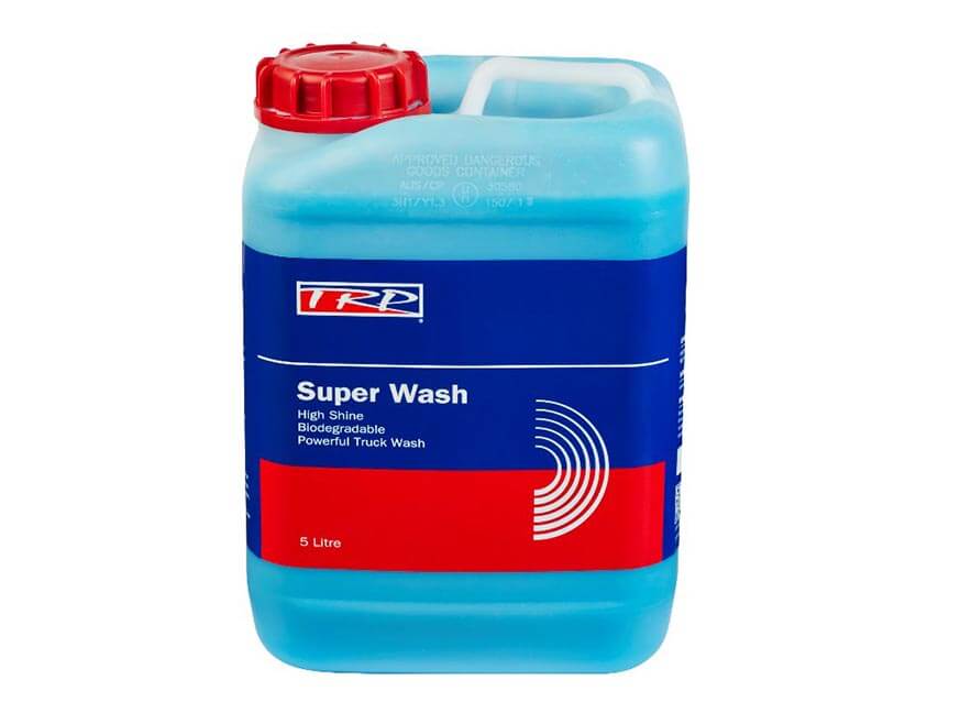 A 5-litre blue plastic container of TRUCK WASH SUPER TRP 5LT with a red cap, featuring a biodegradable, concentrated formula for high shine and powerful high-foaming truck wash.