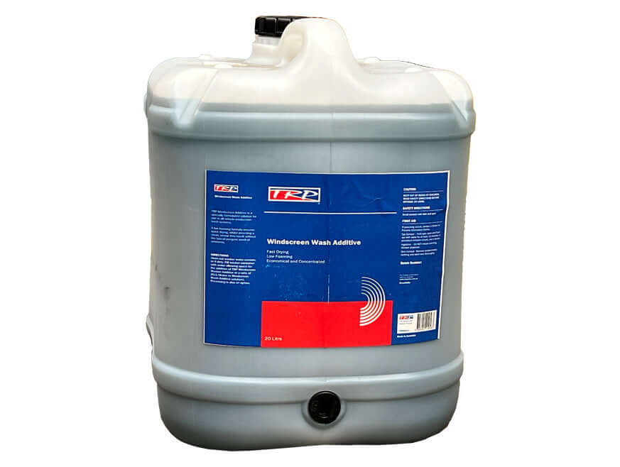 WINDSCREEN WASH 20L is a large plastic container with a black cap and spout, featuring a blue and red label. It contains 20 liters of fast-drying windscreen cleaning fluid and bug remover for vehicles.