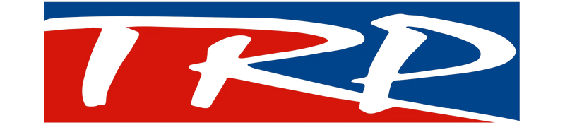 Logo with the white letters TRP written in a bold, stylized font over a background split diagonally into red (bottom left) and blue (top right) sections.