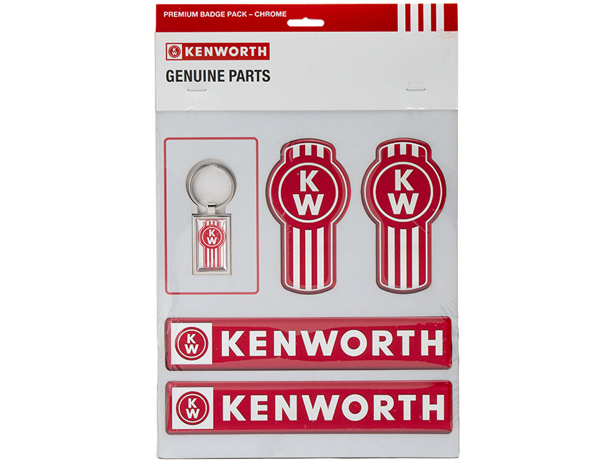 The DECAL KW SET CHROME PREMIUM includes a Kenworth badge, two striped round emblems, a keychain, and two rectangular red/white logo decals, all presented in Genuine Parts packaging.