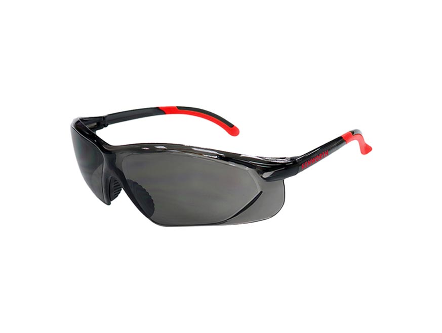 GLASSES SAFETY KW SMOKE LENS with black frames and red temple tips feature wraparound smoke lenses for premium eye protection, shown on a white background.
