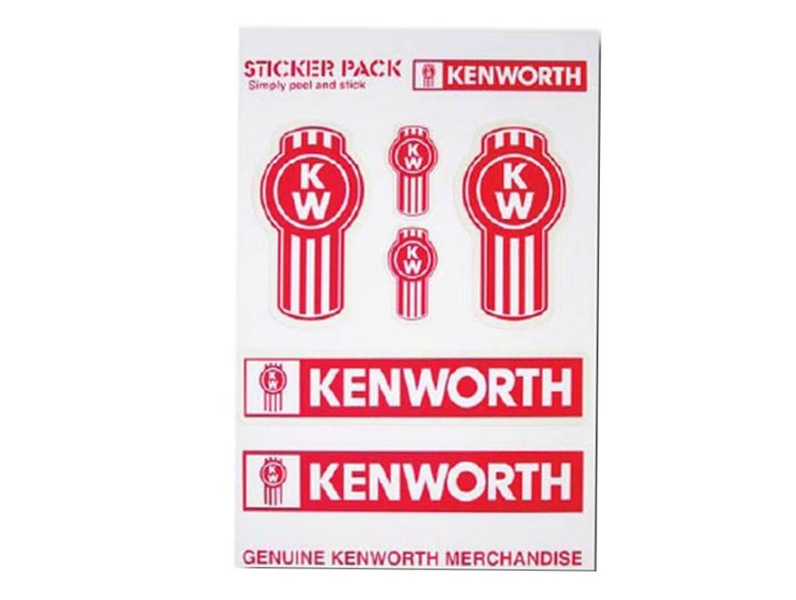 The STICKER PACK TRADITIONAL features classic branding with multiple red Kenworth truck logos, two white-on-red rectangular KENWORTH stickers, and "GENUINE KENWORTH MERCHANDISE" printed at the bottom.