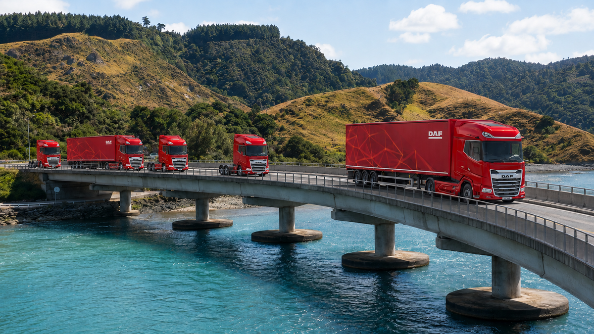 Five red New Generation DAF trucks crossing the Mokau River bridge during the New Zealand Roadshow
