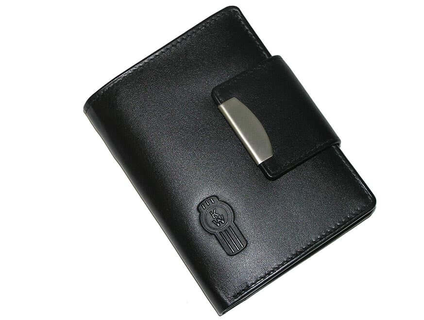 The WALLET KW LEATHER BLACK is a closed black leather wallet with smart storage, a metal clasp, and an embossed logo of a gloved hand and letters on the bottom left corner.