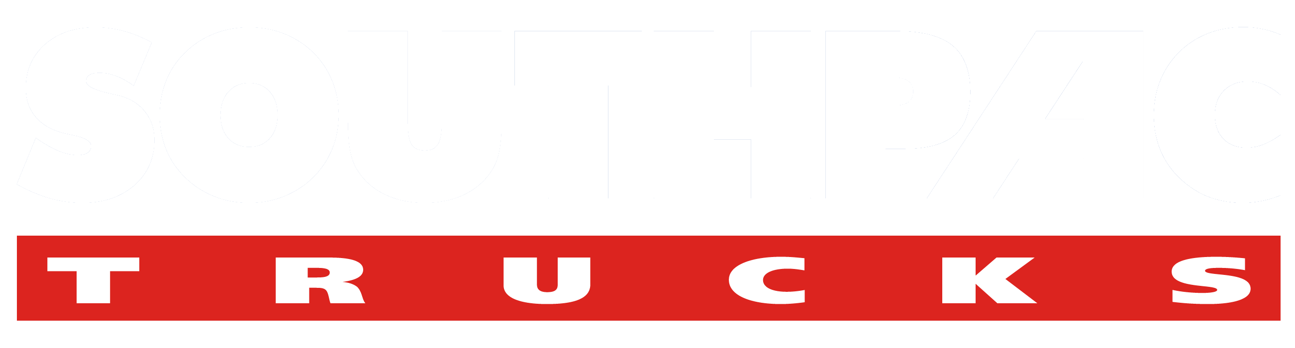 Logo with the word SOUTHPAC in large, white, semi-transparent letters above a solid red rectangle containing the word TRUCKS in bold, white, uppercase letters.