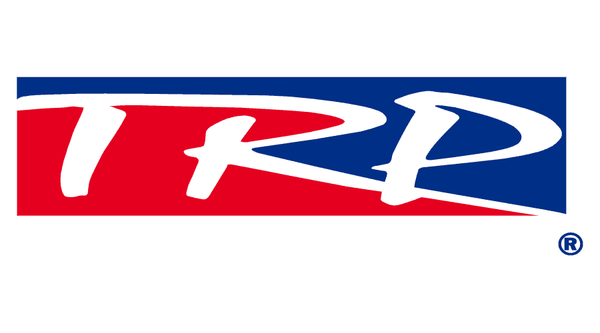 The image shows the TRP logo with bold white letters on a slanted split background of blue (top) and red (bottom), with a small registered trademark symbol in the lower right corner.